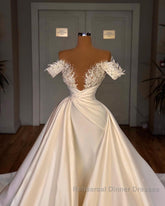 Charming A-Line Off-the-shoulder Cathedral V-Neck Long Wedding Dresses